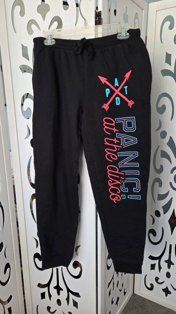 Panic At The Disco Joggers womens Medium Black Graphic Sweatpants NWOT